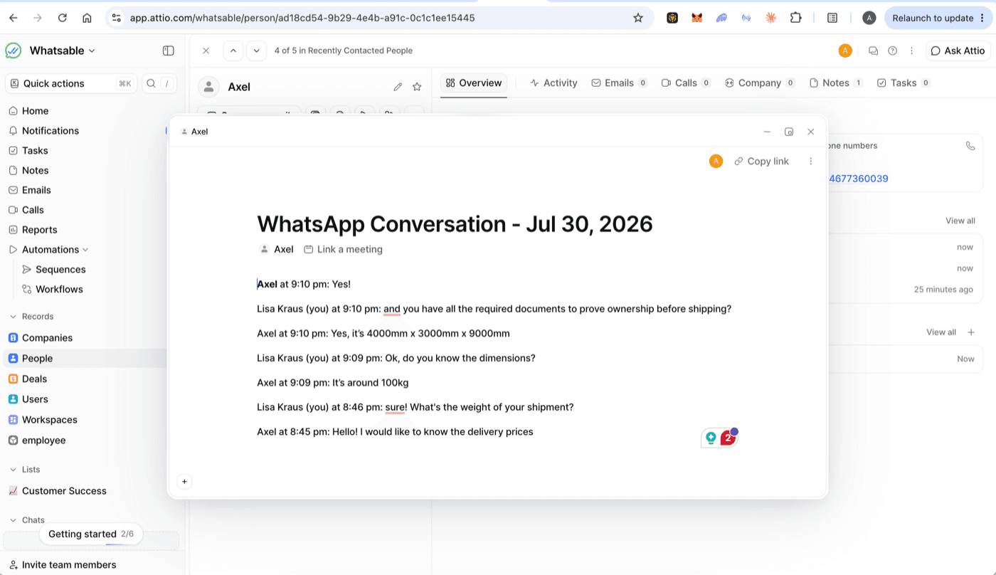 Attio note modal showing WhatsApp Conversation on a Person record