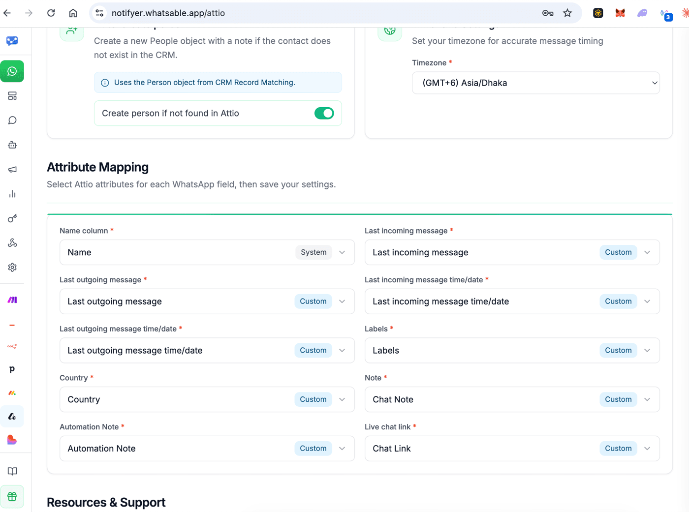 Attribute Mapping section in Notifyer for Attio fields
