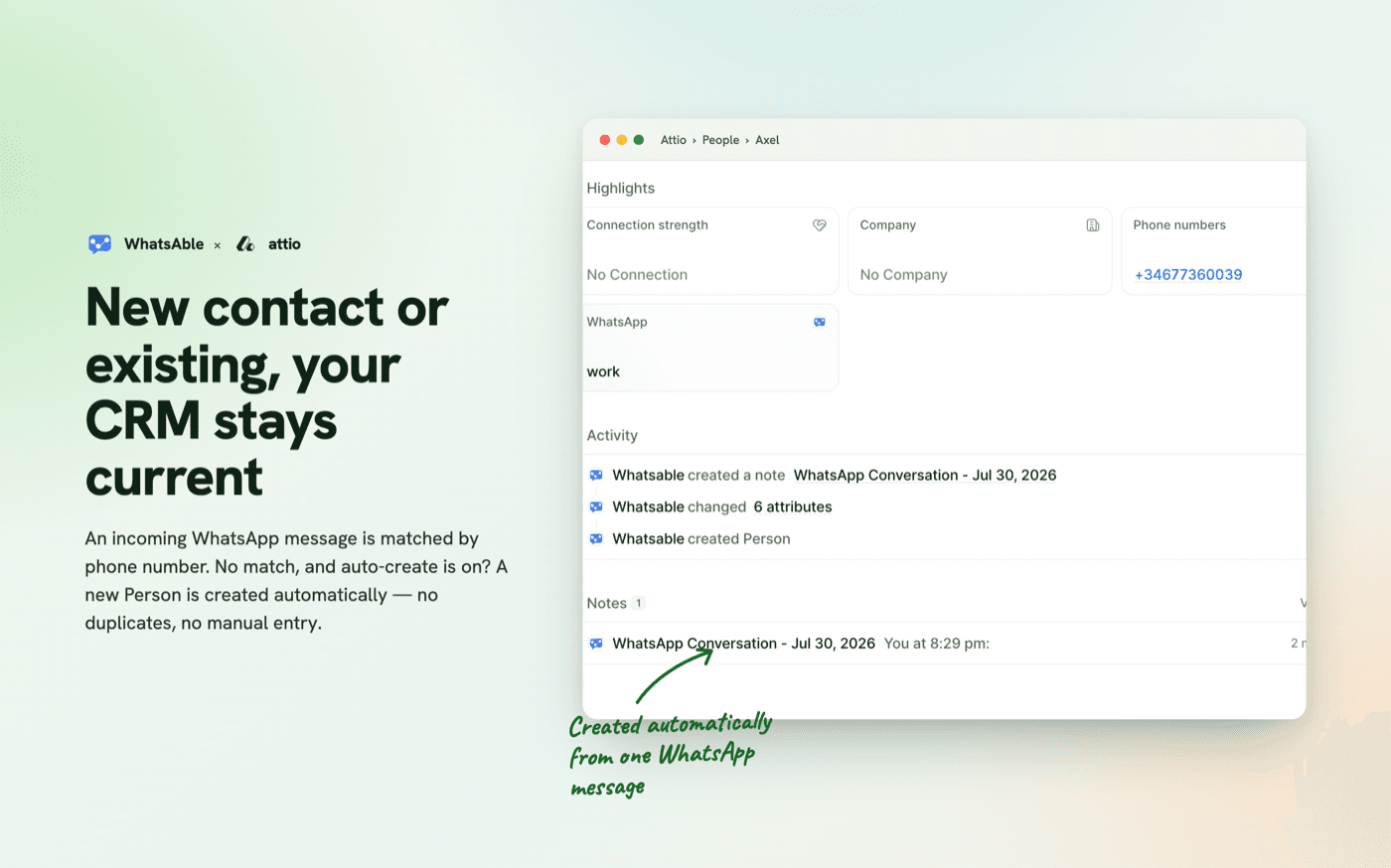Attio Person profile showing WhatsAble auto-creating a Person and WhatsApp Conversation note