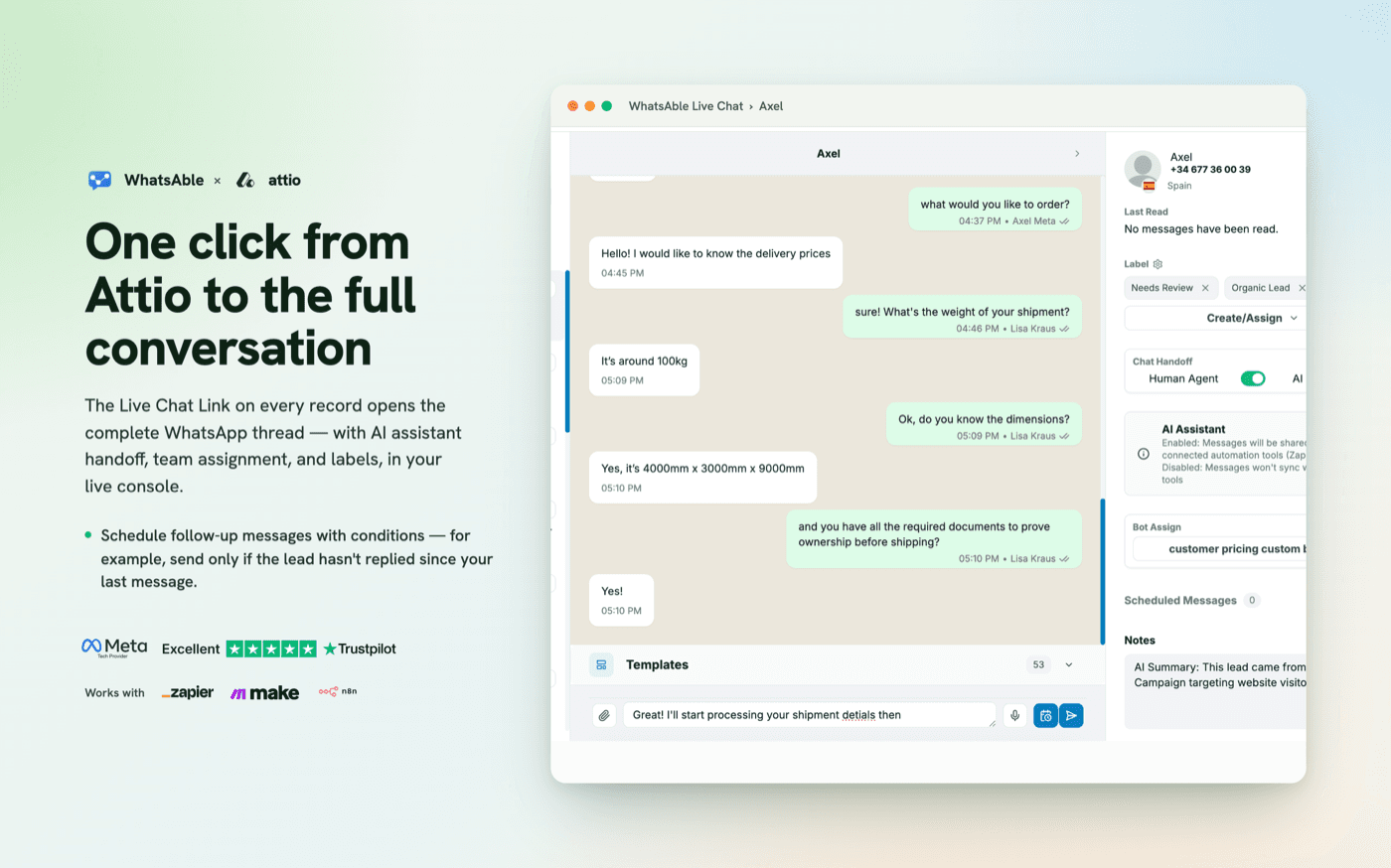 Live Chat Link opening WhatsAble Live Chat from Attio