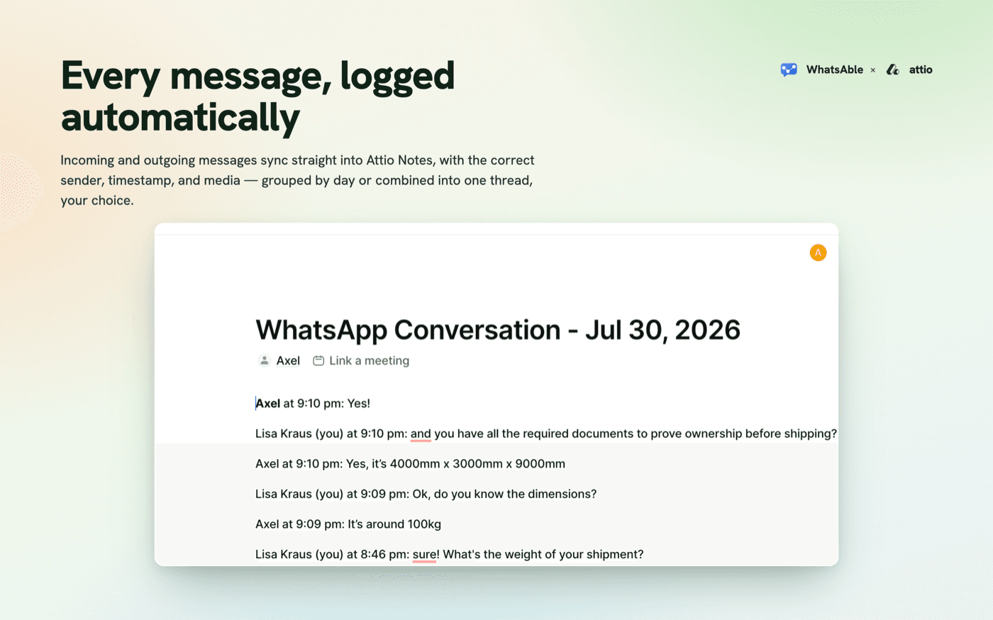 Attio Note titled WhatsApp Conversation showing a threaded chat