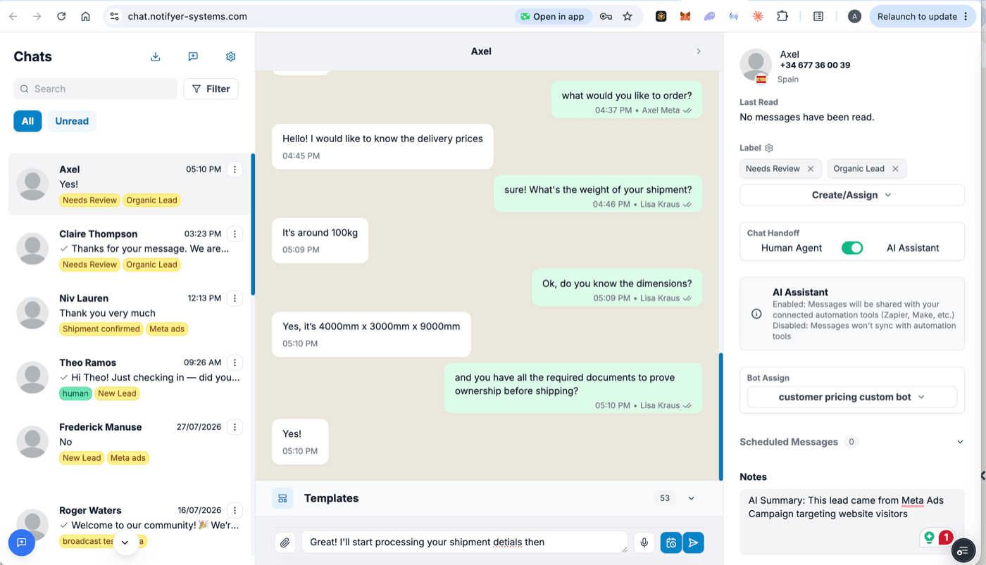 Notifyer live chat console with labels, AI assistant handoff, and notes