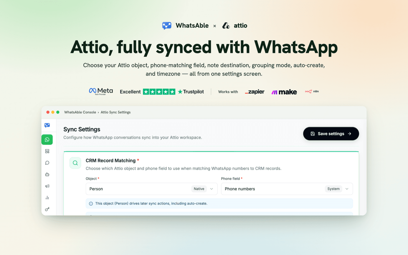Attio Sync Settings in Notifyer showing CRM Record Matching with Person object and phone field