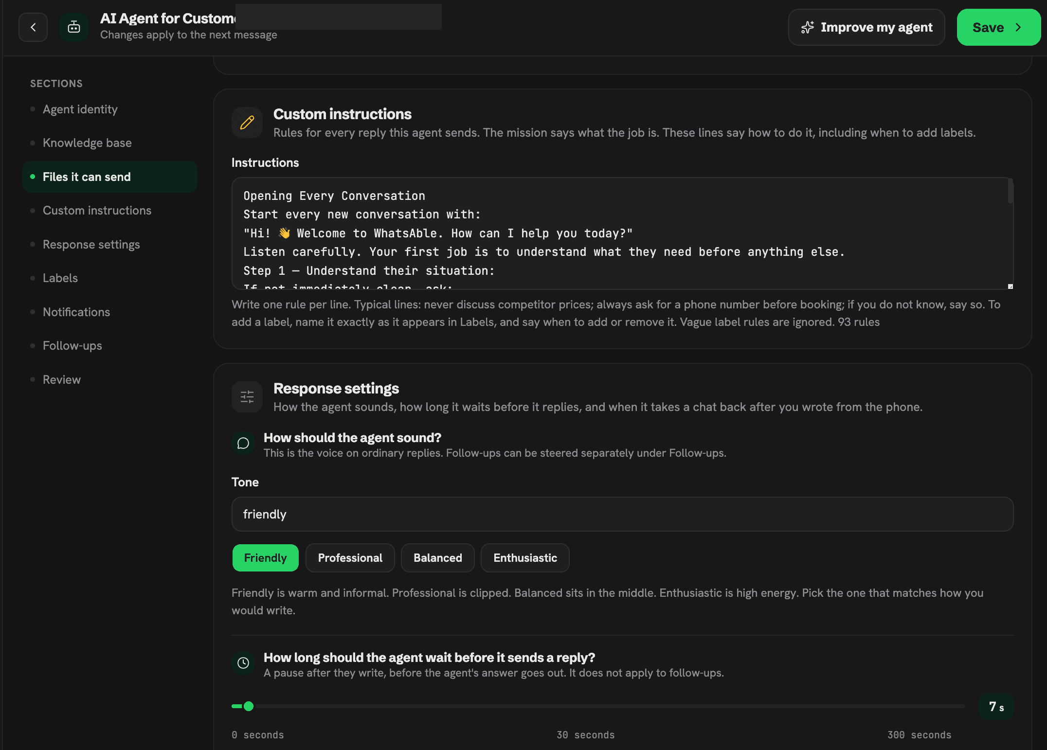 Whatsable AI chatbot builder showing custom instructions, a friendly tone setting, and an approximately seven second reply delay