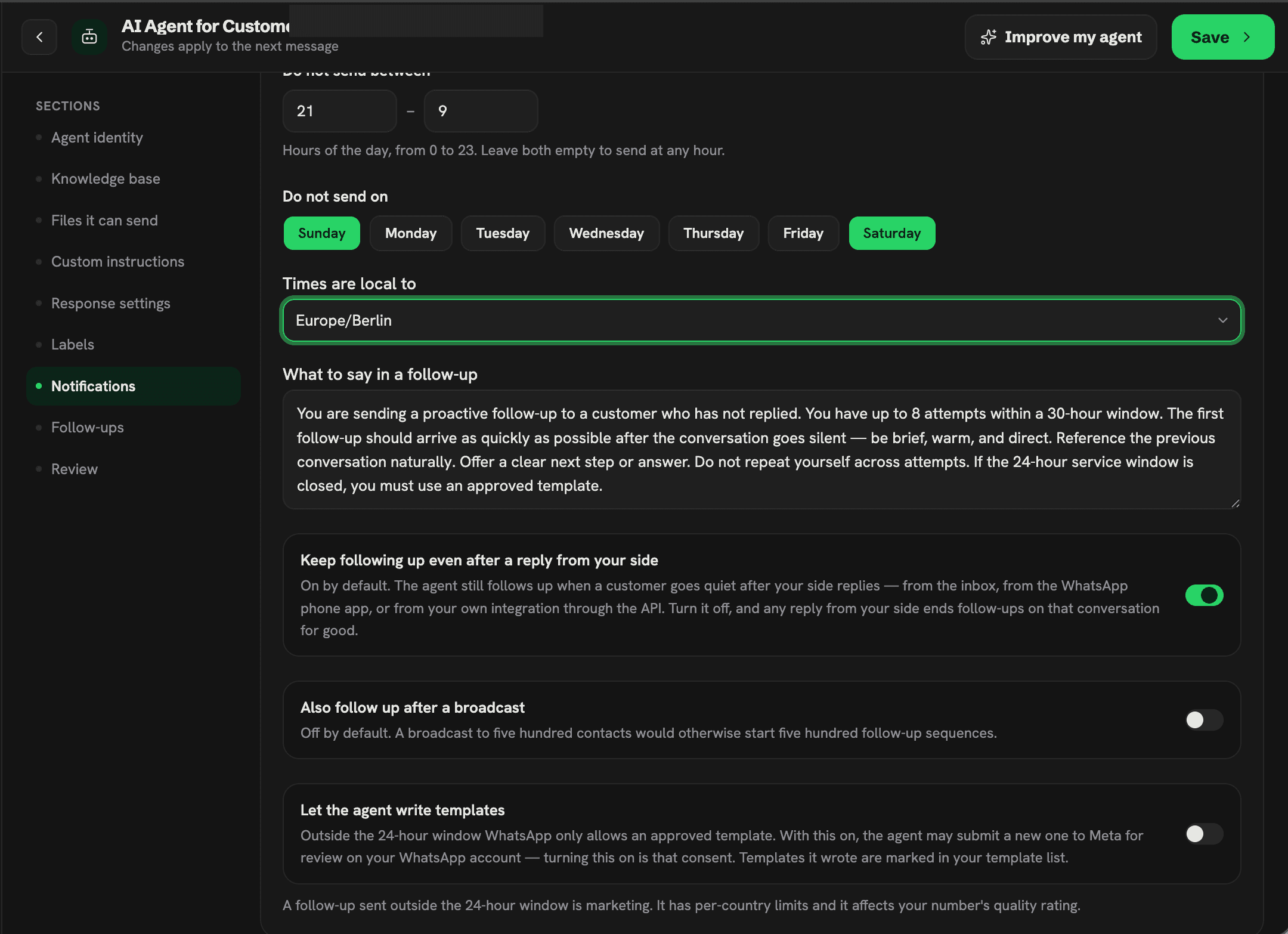 Whatsable AI chatbot builder showing follow-up message copy, a quiet hours schedule, and a weekend skip toggle