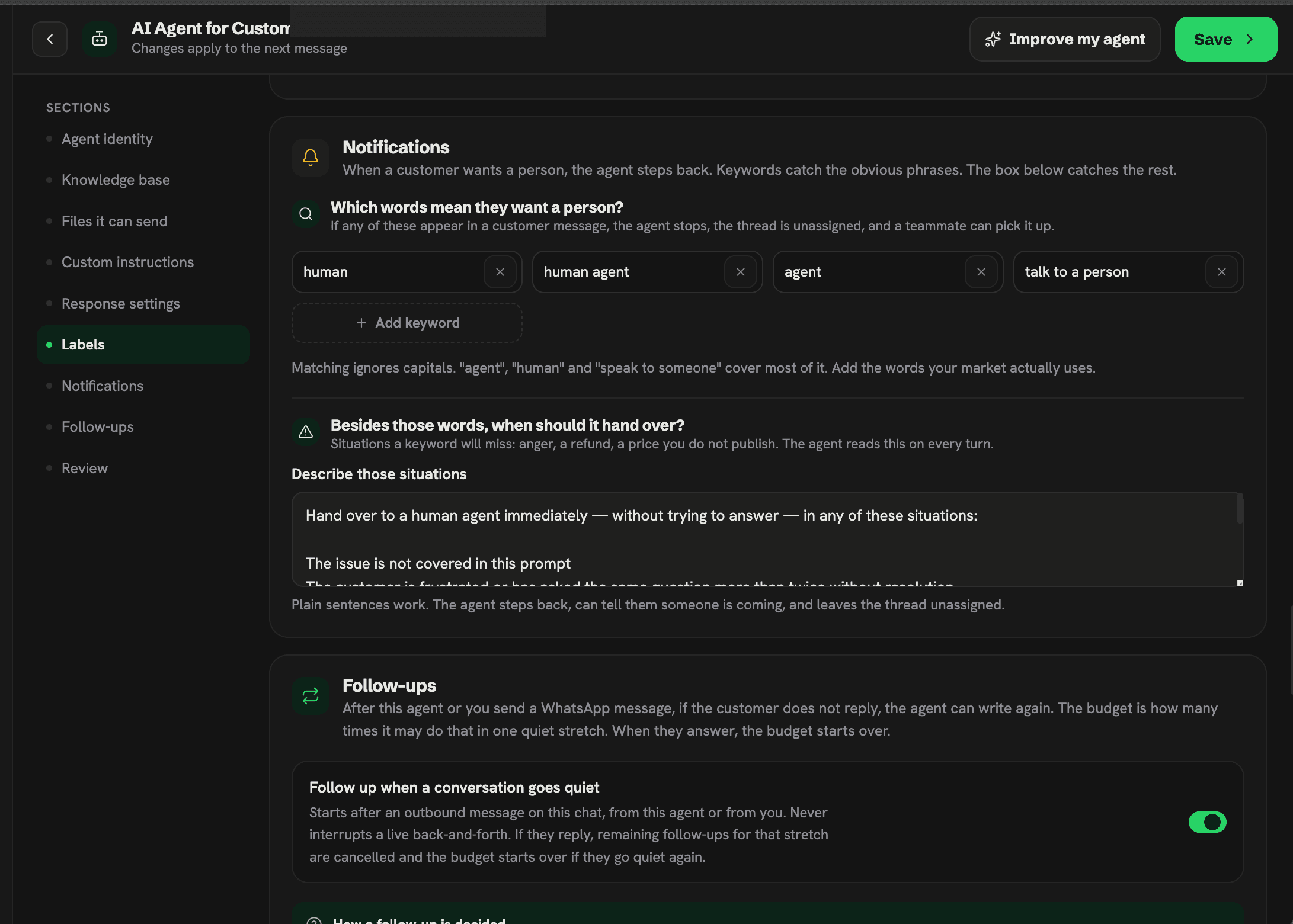 Whatsable AI chatbot builder showing human handoff keywords and notification settings for when to hand a conversation over